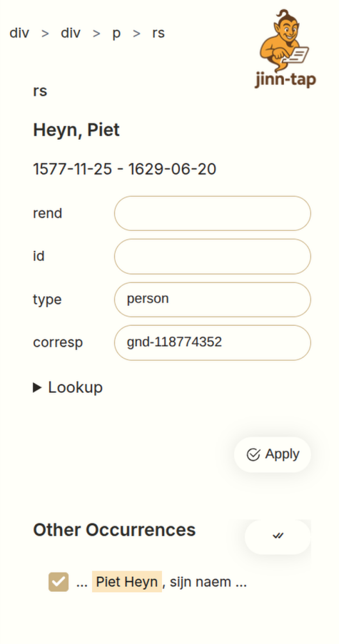 GND connector lookup for an rs element corresponding to Piet Heyn