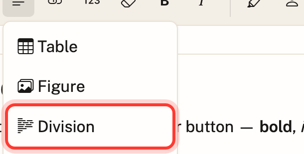 The Division button inside the Block elements dropdown