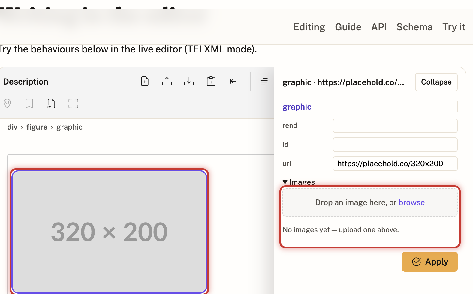 Placeholder figure selected with the Images upload panel open