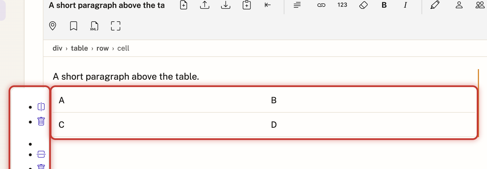 A 2×2 table with the row/column bubble menu highlighted